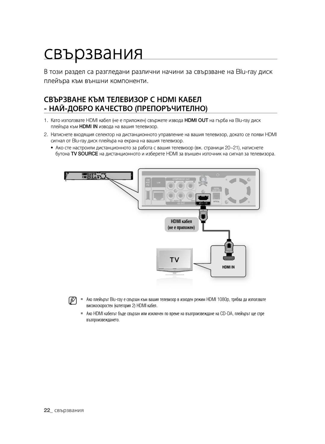 Samsung BD-P1600A/EDC manual Свързвания, 22 свързвания, Високоскоростен категория 2 Hdmi кабел, Възпроизвеждането 