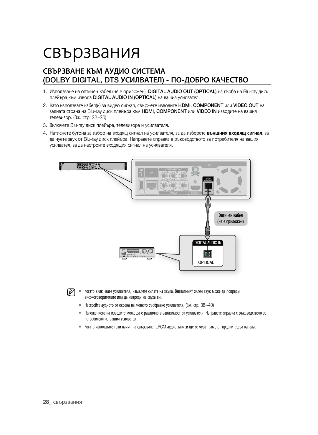 Samsung BD-P1600A/EDC manual 28 свързвания, Потребителя на вашия усилвател 