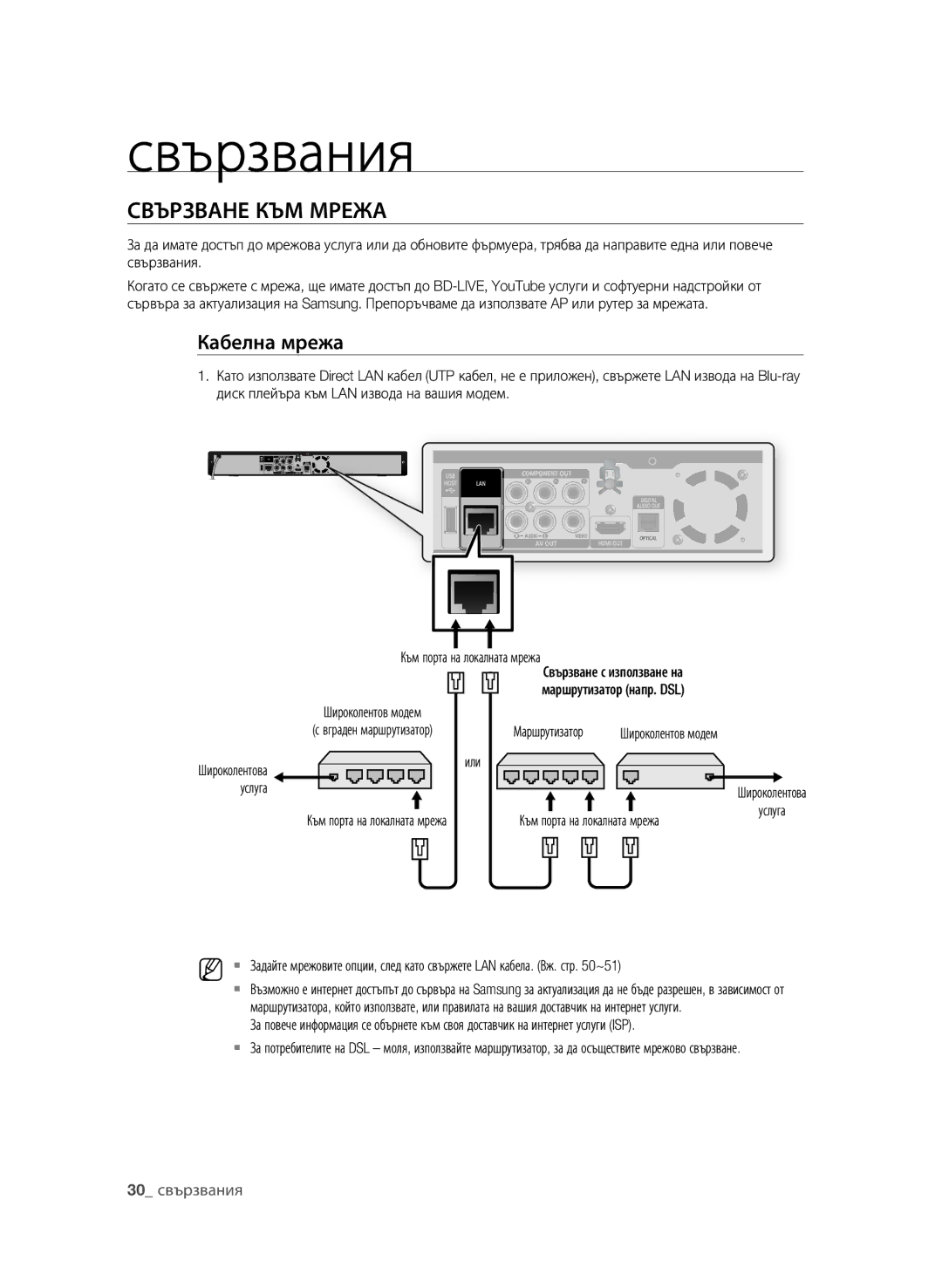 Samsung BD-P1600A/EDC manual Кабелна мрежа, 30 свързвания, Или, Услуга, Към порта на локалната мрежа 