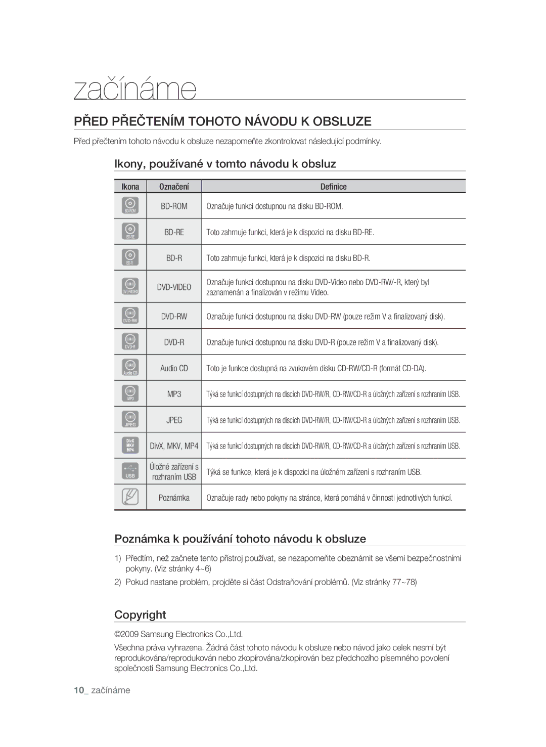 Samsung BD-P1600A/EDC manual Začínáme, Před přečtením tohoto návodu k obsluze, Ikony, používané v tomto návodu k obsluz 