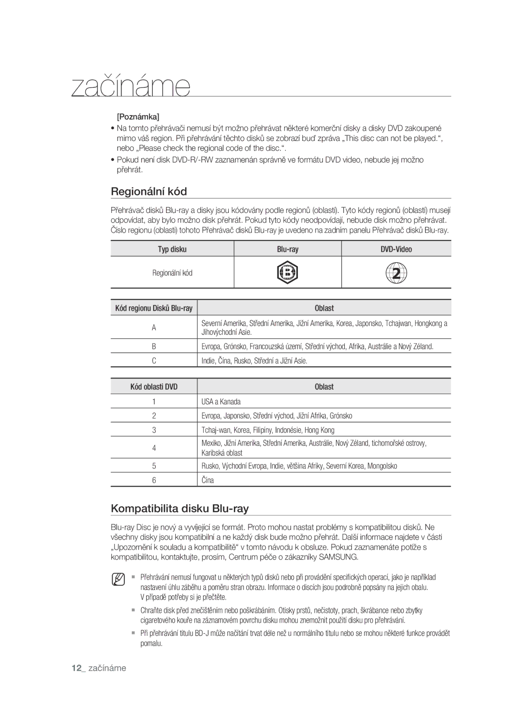 Samsung BD-P1600A/EDC manual Regionální kód, Kompatibilita disku Blu-ray, 12 začínáme 