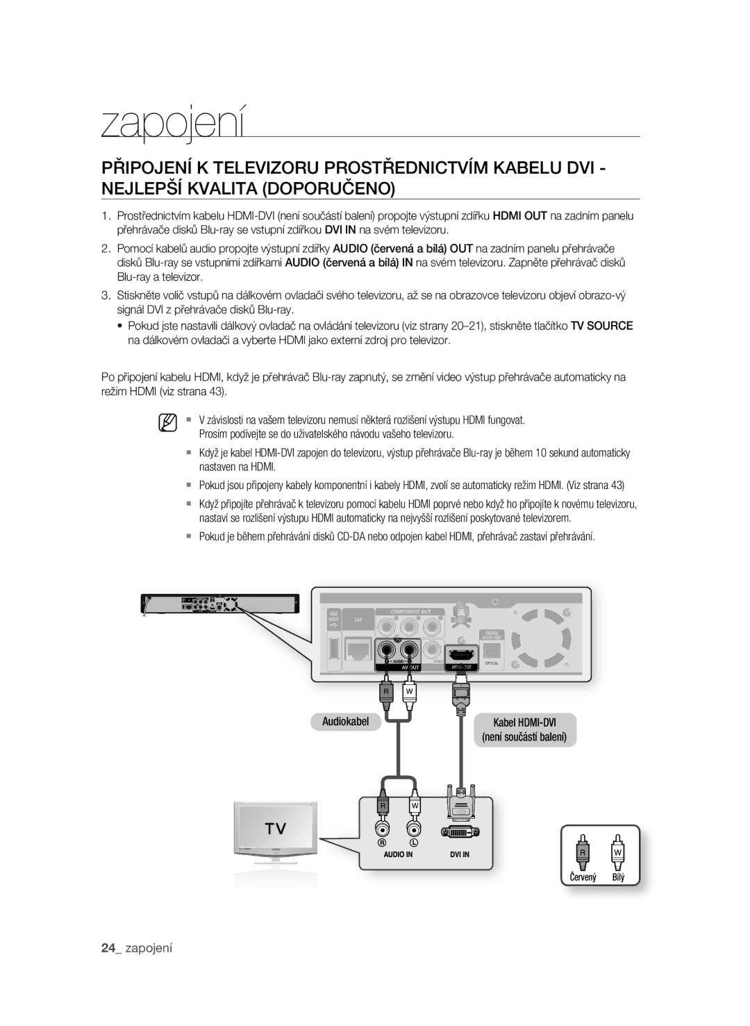 Samsung BD-P1600A/EDC manual  zapojení, Nastaven na Hdmi, Audiokabel 