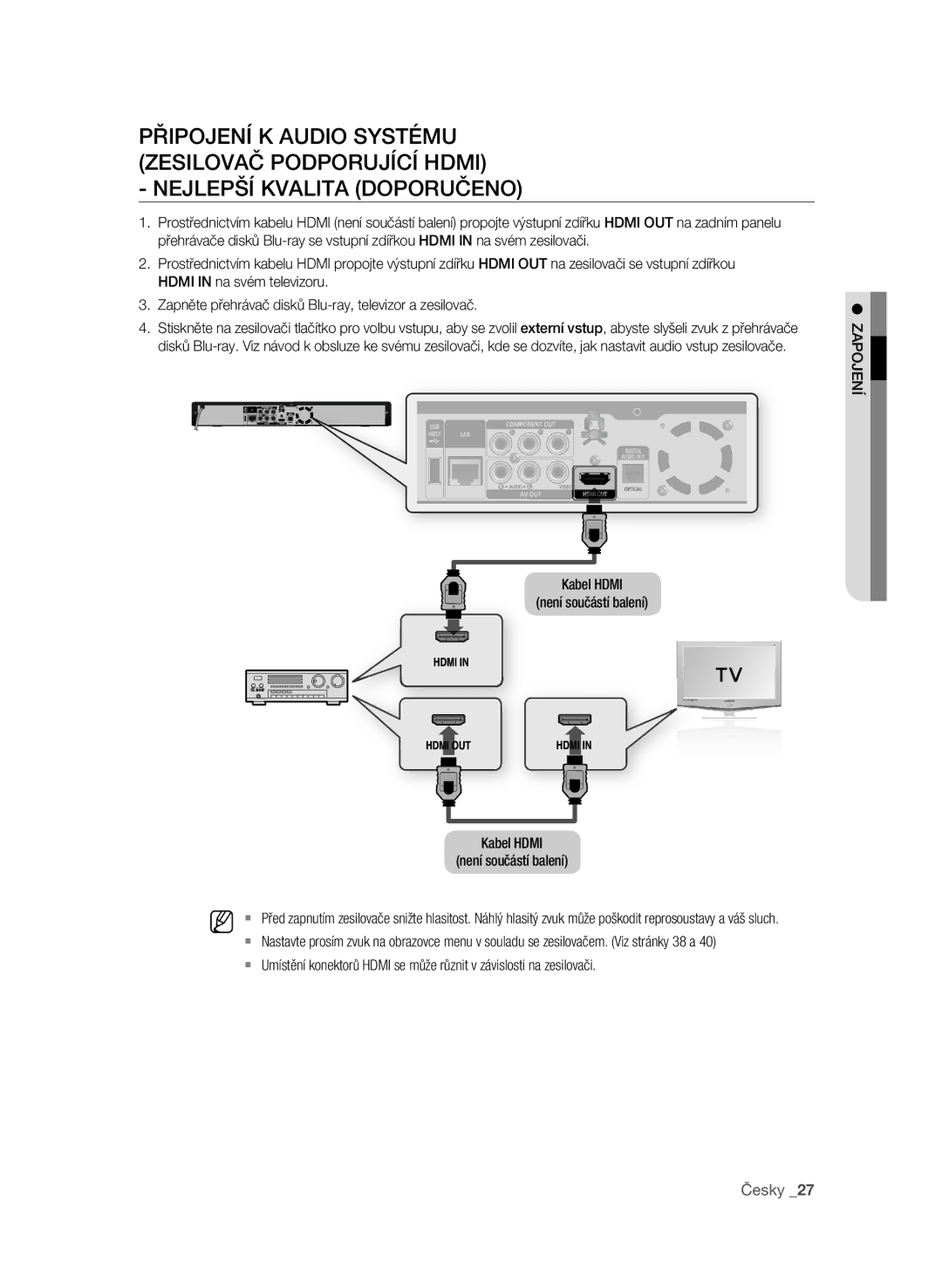 Samsung BD-P1600A/EDC manual Připojení k audio systému Zesilovač podporující Hdmi, Kabel Hdmi Není součástí balení 