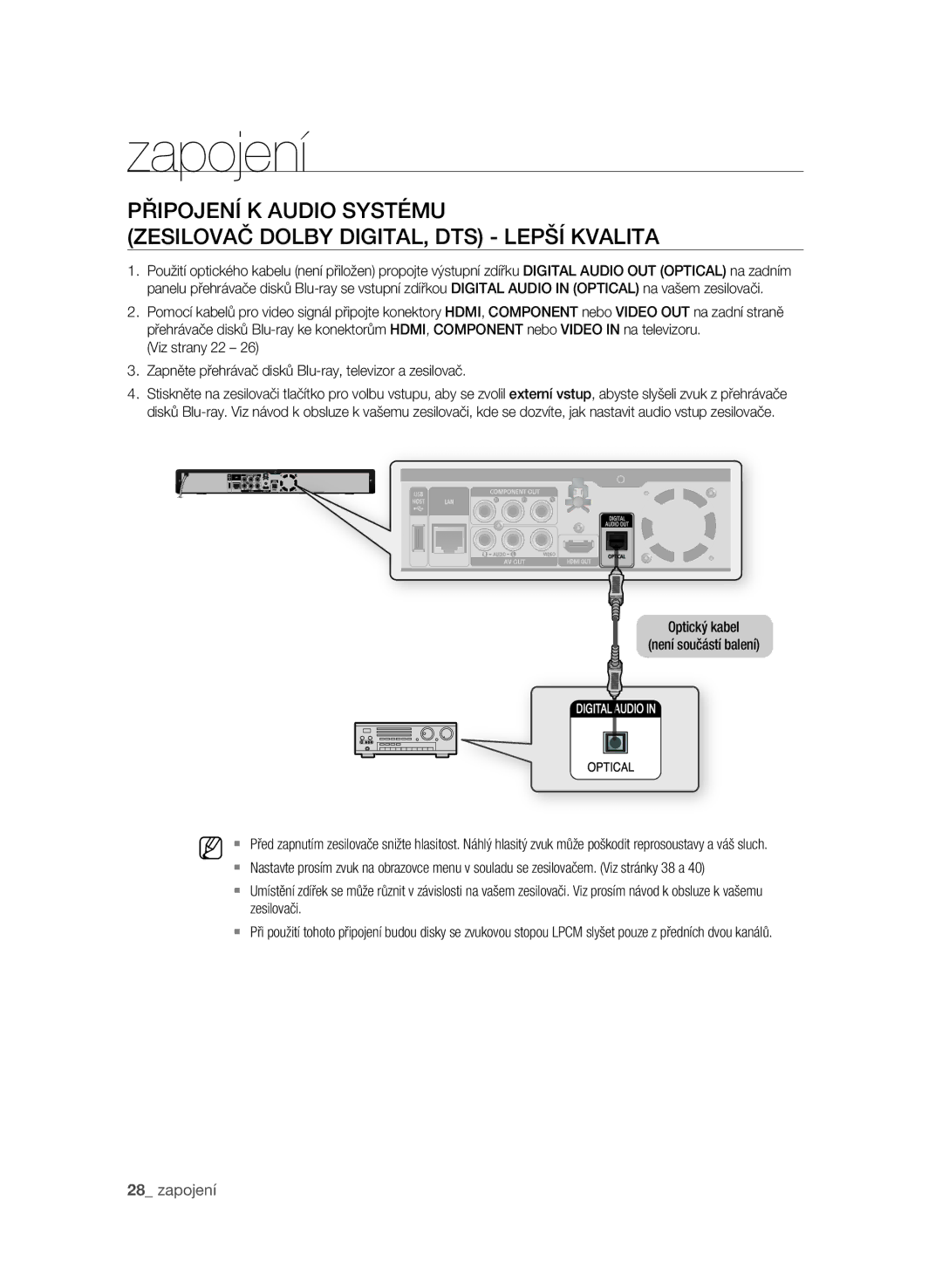 Samsung BD-P1600A/EDC manual Zapojení, Optický kabel Není součástí balení 