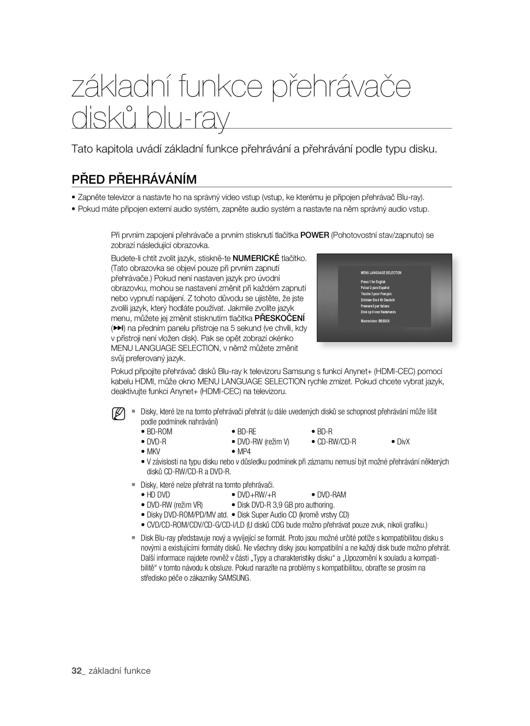 Samsung BD-P1600A/EDC manual PřED PřEhráVáníM, 32 základní funkce 