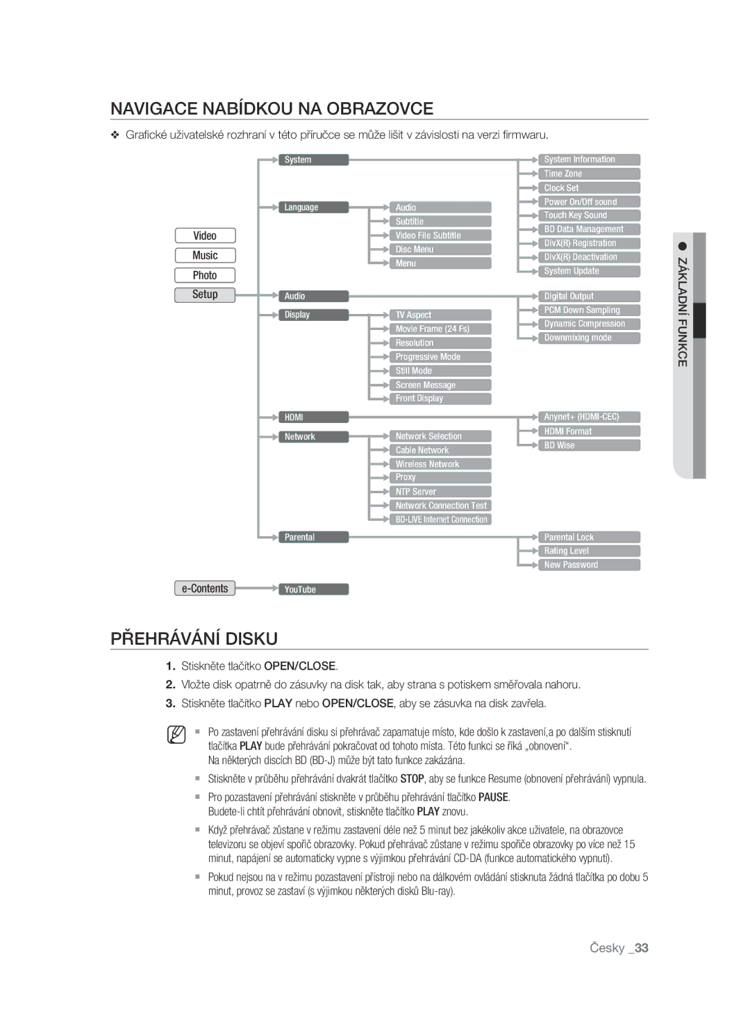 Samsung BD-P1600A/EDC manual Navigace nabídkou na obrazovce, Přehrávání disku 