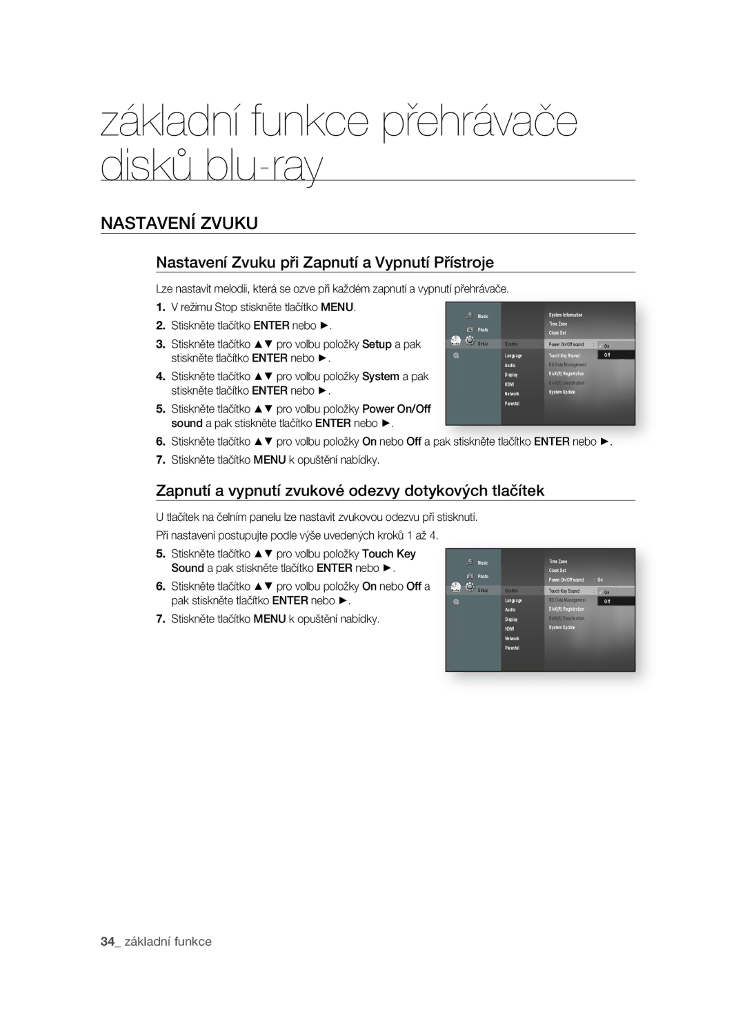 Samsung BD-P1600A/EDC manual NasTaVEní Zvuku, Nastavení Zvuku při Zapnutí a Vypnutí Přístroje,  základní funkce 