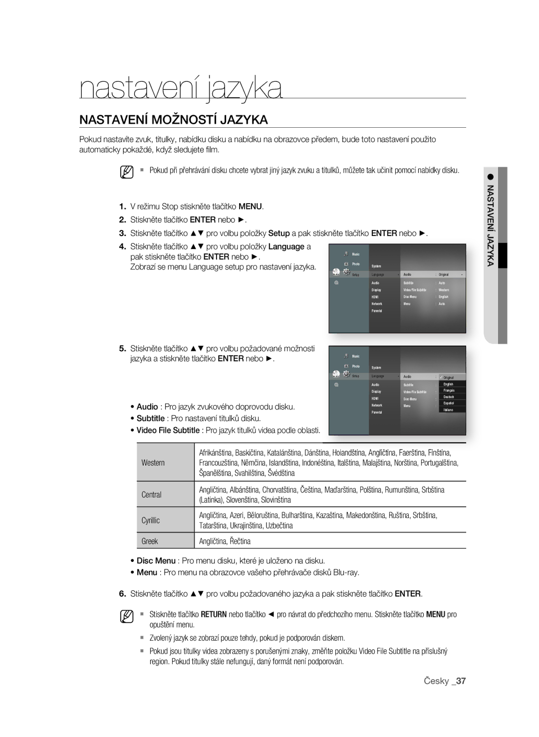 Samsung BD-P1600A/EDC manual Nastavení jazyka, NasTaVEní MoŽnosTí JaZyKa 