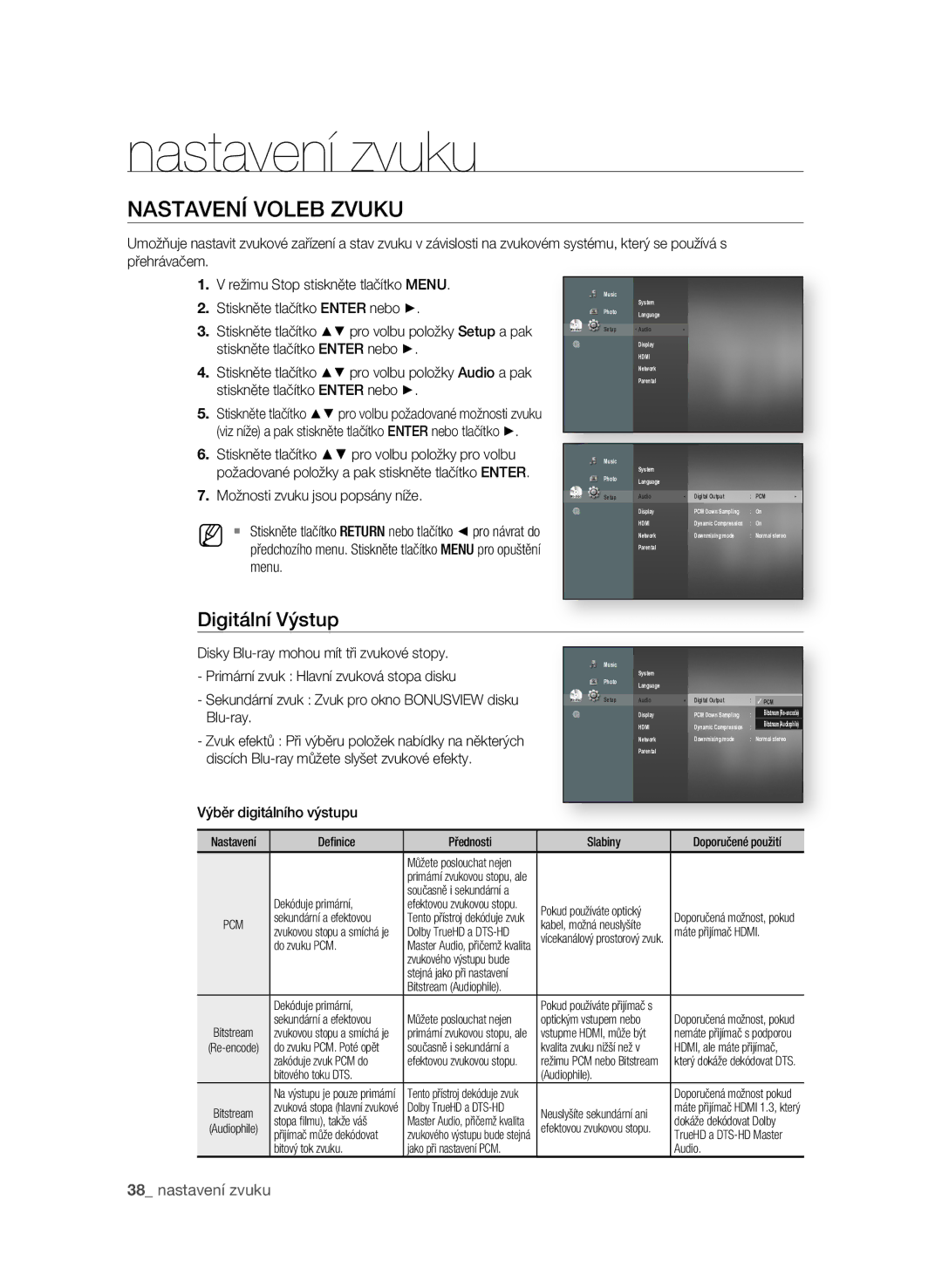 Samsung BD-P1600A/EDC manual Nastavení zvuku, NasTaVEní VoLEB Zvuku, Digitální Výstup,  nastavení zvuku 