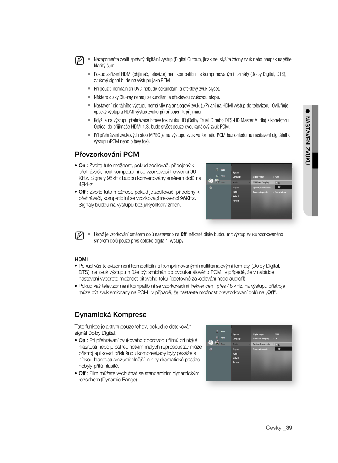 Samsung BD-P1600A/EDC manual Převzorkování PCM, Dynamická Komprese, Česky 3 