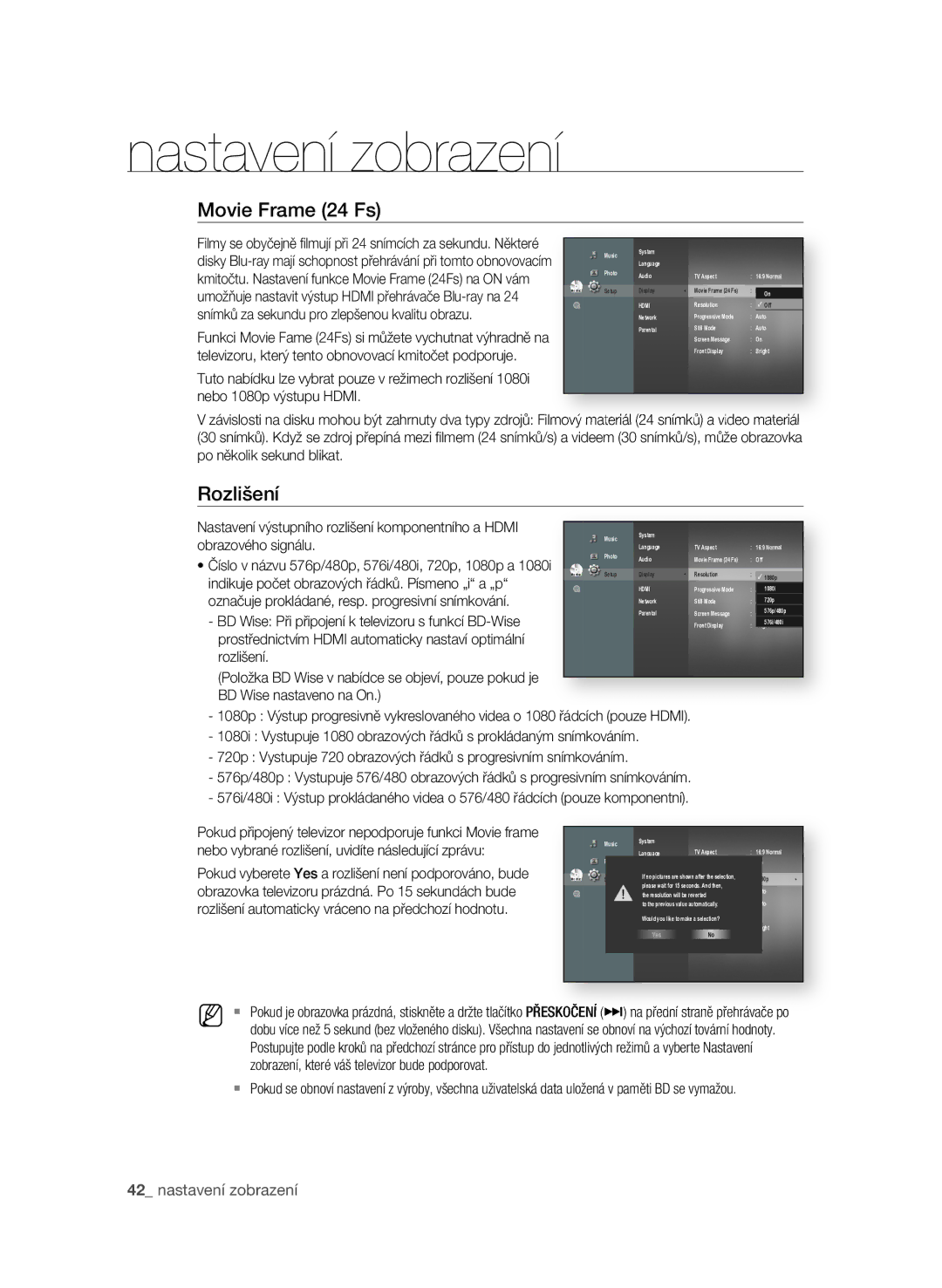 Samsung BD-P1600A/EDC manual Movie frame 24 fs, 2 nastavení zobrazení 