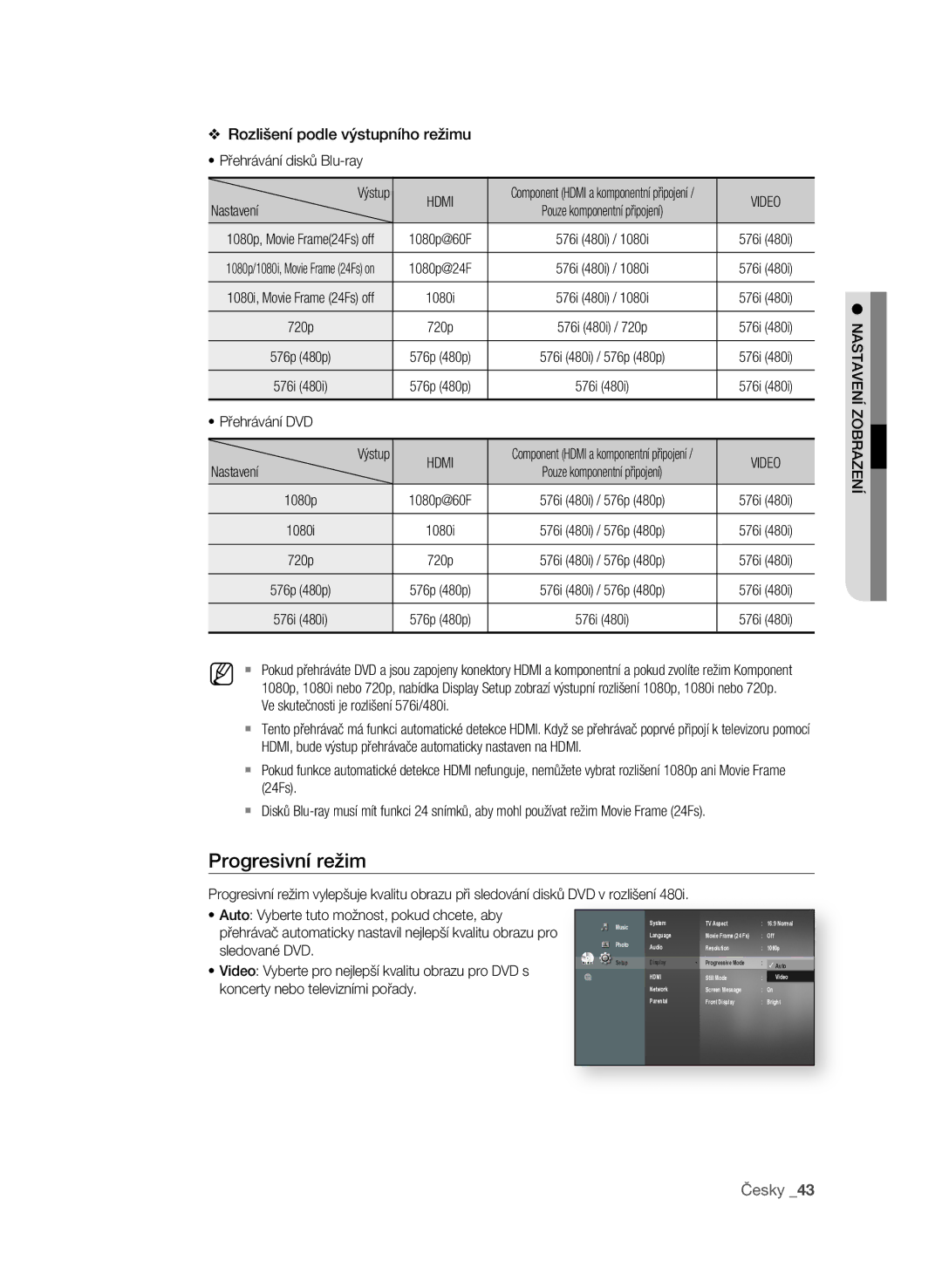 Samsung BD-P1600A/EDC manual Progresivní režim, Rozlišení podle výstupního režimu, Česky 3 