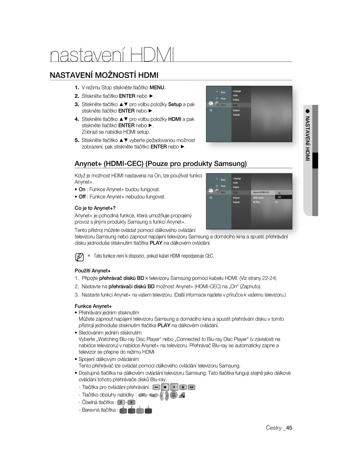 Samsung BD-P1600A/EDC manual Nastavení Hdmi, NasTaVEní MoŽnosTí hDMI, Anynet+ hDMI-CEC Pouze pro produkty samsung, Česky  