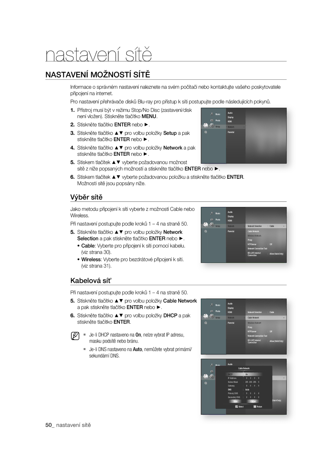 Samsung BD-P1600A/EDC manual Nastavení sítě, NasTaVEní MoŽnosTí síTĚ, Výběr sítě, 0 nastavení sítě 