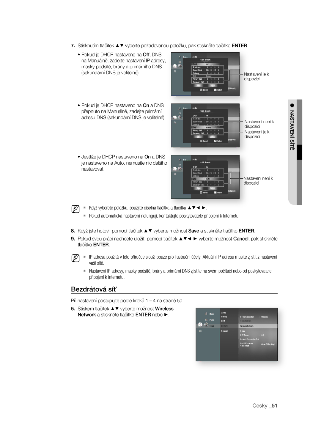 Samsung BD-P1600A/EDC manual Česky 1, Sekundární DNS je volitelné, NasTaVEní síTĚ, Nastavovat 