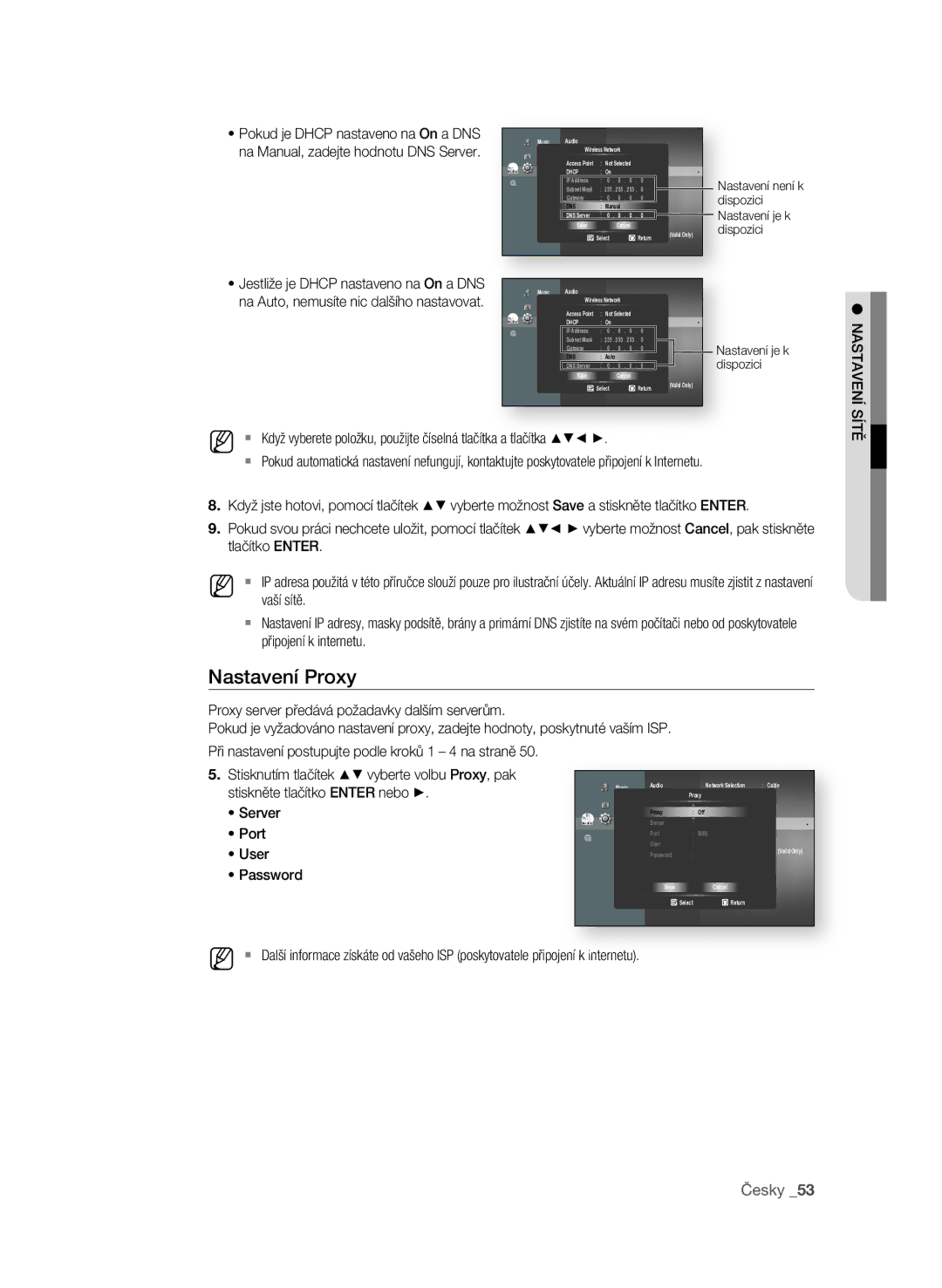 Samsung BD-P1600A/EDC manual Nastavení Proxy, Internetu 