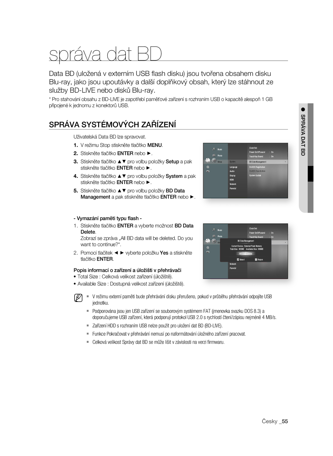 Samsung BD-P1600A/EDC manual Správa dat BD, SPráVa sysTéMoVÝCh ZaříZEní 