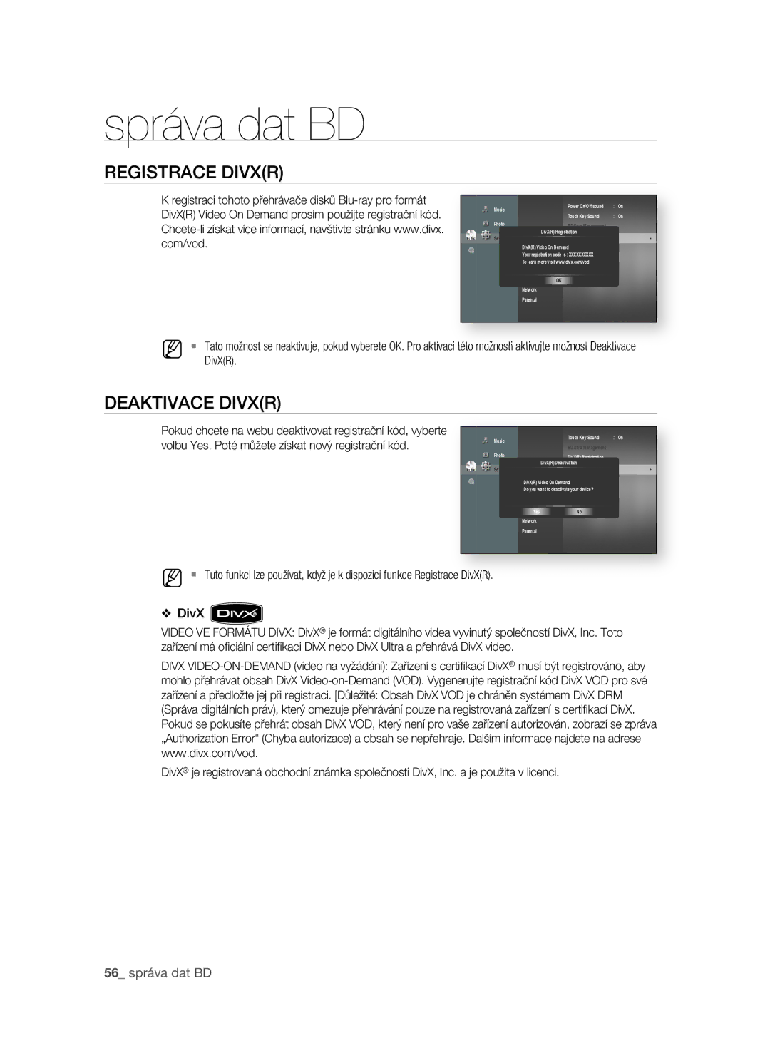 Samsung BD-P1600A/EDC manual REgIsTraCE DIVXr, DEaKTIVaCE DIVXr,  správa dat BD, Com/vod 