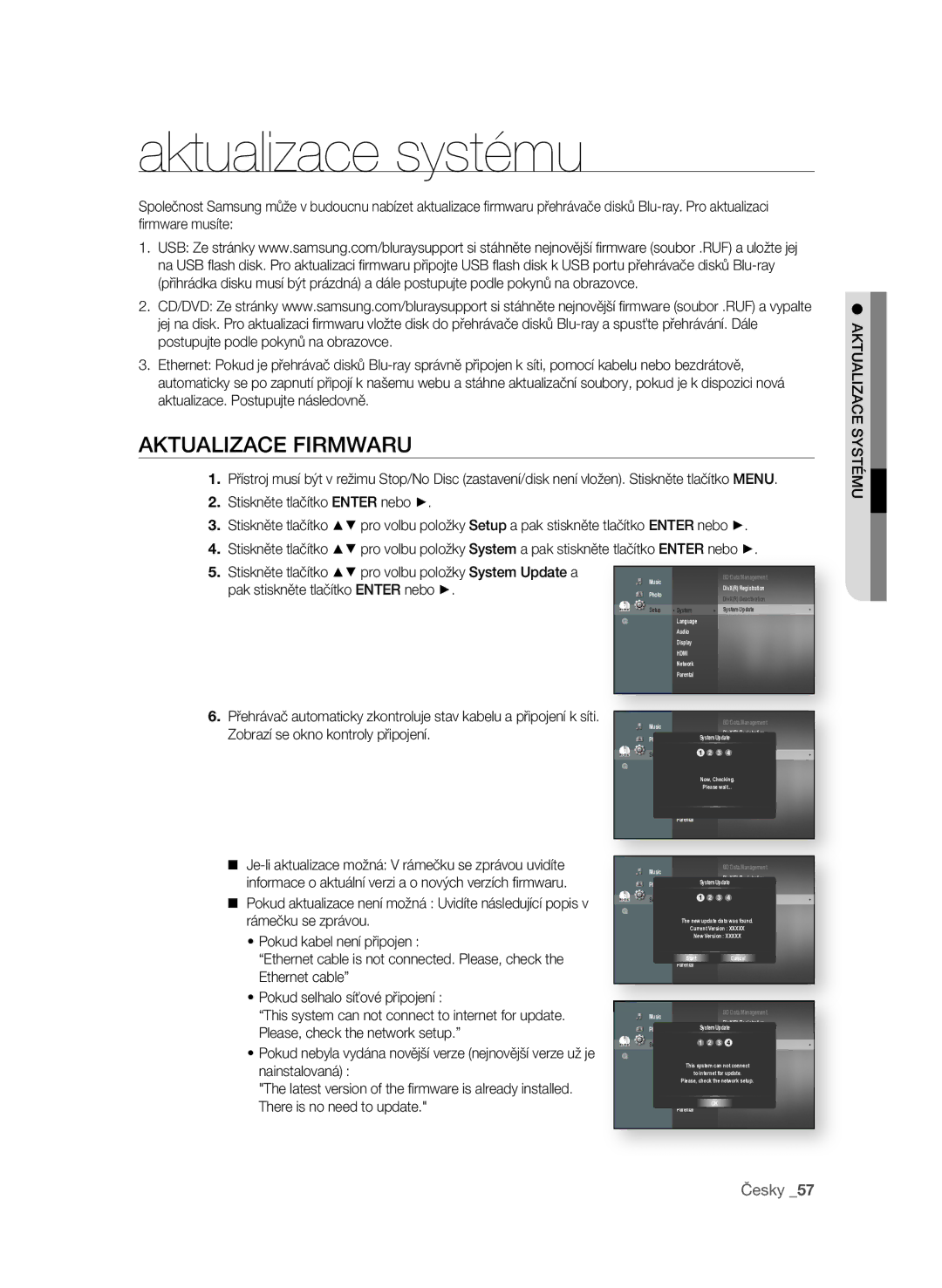 Samsung BD-P1600A/EDC Aktualizace systému, AKTUaLIZaCE fIrMWarU, Zobrazí se okno kontroly připojení, AKTUaLIZaCE sysTéMU 