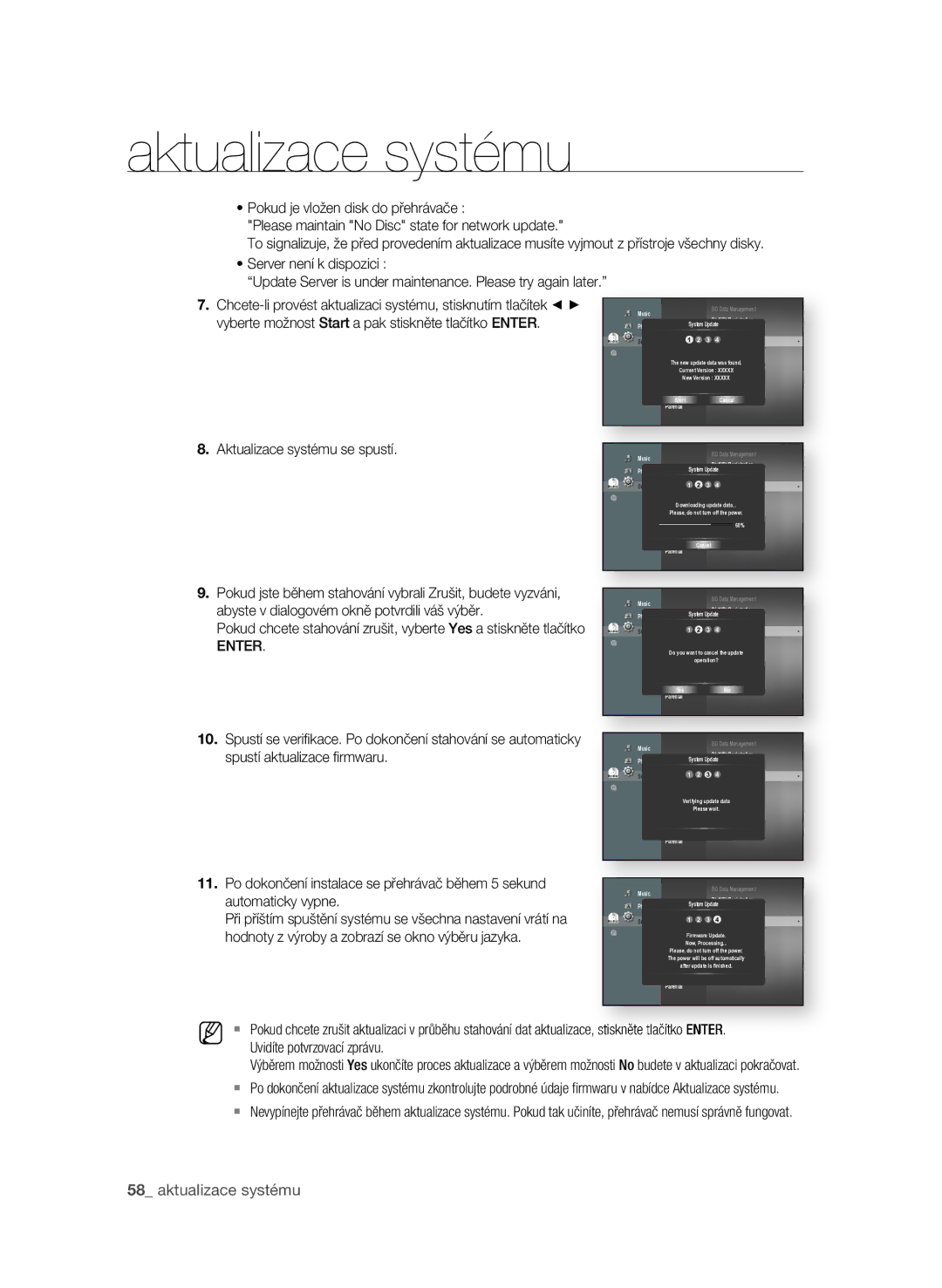 Samsung BD-P1600A/EDC manual  aktualizace systému, . Aktualizace systému se spustí, EnTEr, Spustí aktualizace fi rmwaru 