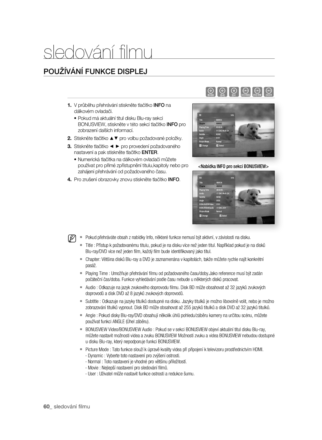 Samsung BD-P1600A/EDC manual Sledování ﬁ lmu, PoUŽíVání fUnKCE DIsPLEJ, 0 sledování ﬁ lmu 