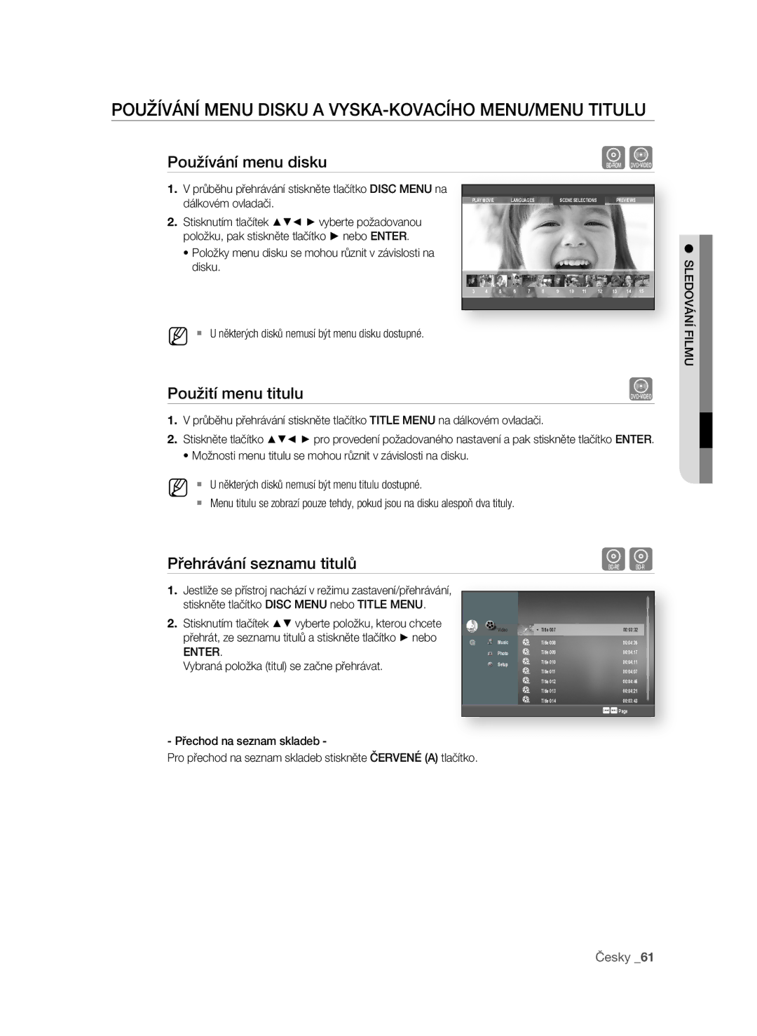 Samsung BD-P1600A/EDC PoUŽíVání MEnU DIsKU a VysKa-KoVaCího MEnU/MEnU Titulu, Používání menu disku, Použití menu titulu 