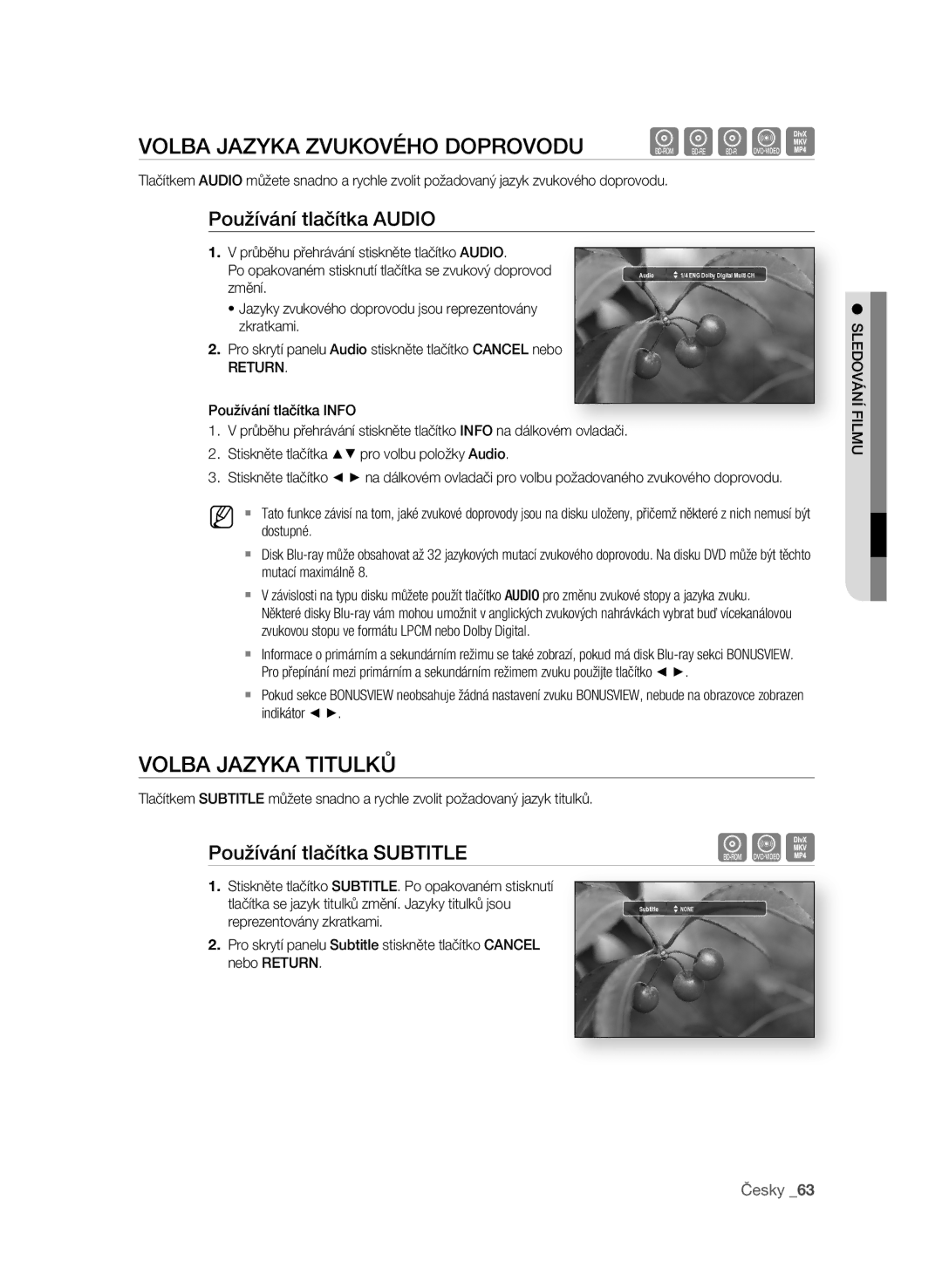 Samsung BD-P1600A/EDC manual VoLBa JaZyKa ZVUKoVého DoProVoDU hgfZ, VoLBa JaZyKa Titulků, Používání tlačítka aUDIo 