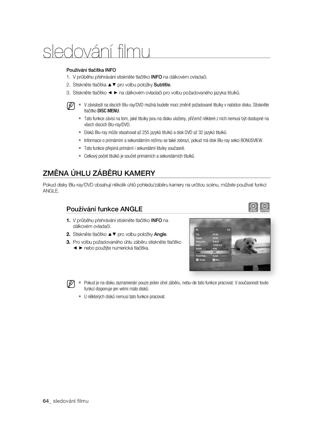 Samsung BD-P1600A/EDC manual ZMĚna ÚhLU ZáBĚrU KaMEry, Používání funkce angLE,  sledování ﬁ lmu, Angle 