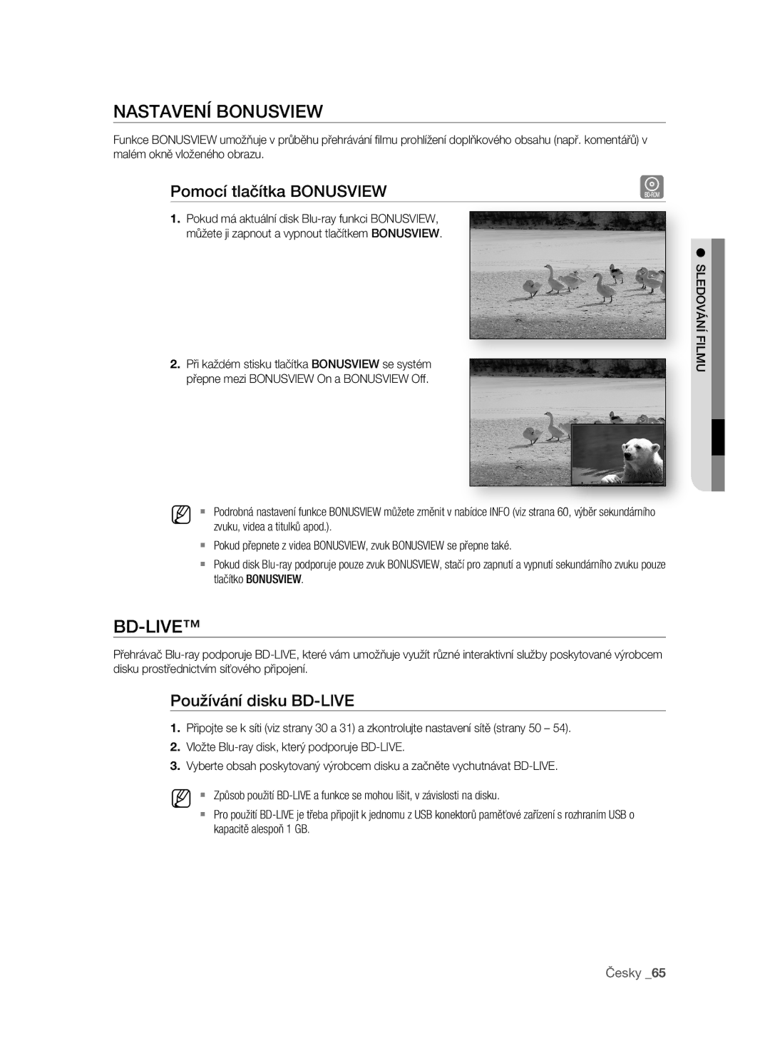 Samsung BD-P1600A/EDC manual NasTaVEní BonUsVIEW, Pomocí tlačítka BonUsVIEW, Používání disku BD-LIVE 