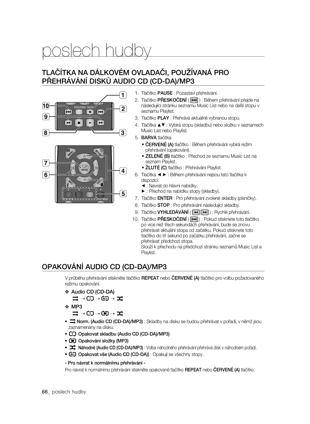 Samsung BD-P1600A/EDC manual Poslech hudby, Audio CD CD-DA MP3 