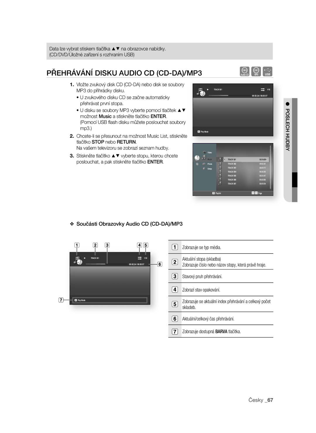 Samsung BD-P1600A/EDC manual PřEhráVání DIsKU aUDIo CD CD-Da/MP3, Součásti obrazovky audio CD CD-Da/MP3, PosLECh hUDBy 