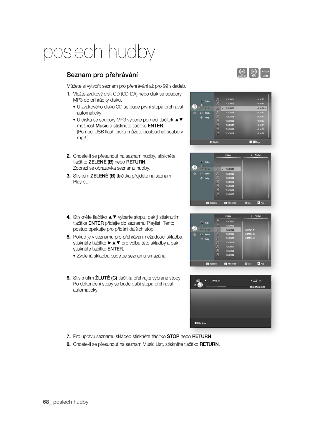 Samsung BD-P1600A/EDC manual Seznam pro přehrávání,  poslech hudby 