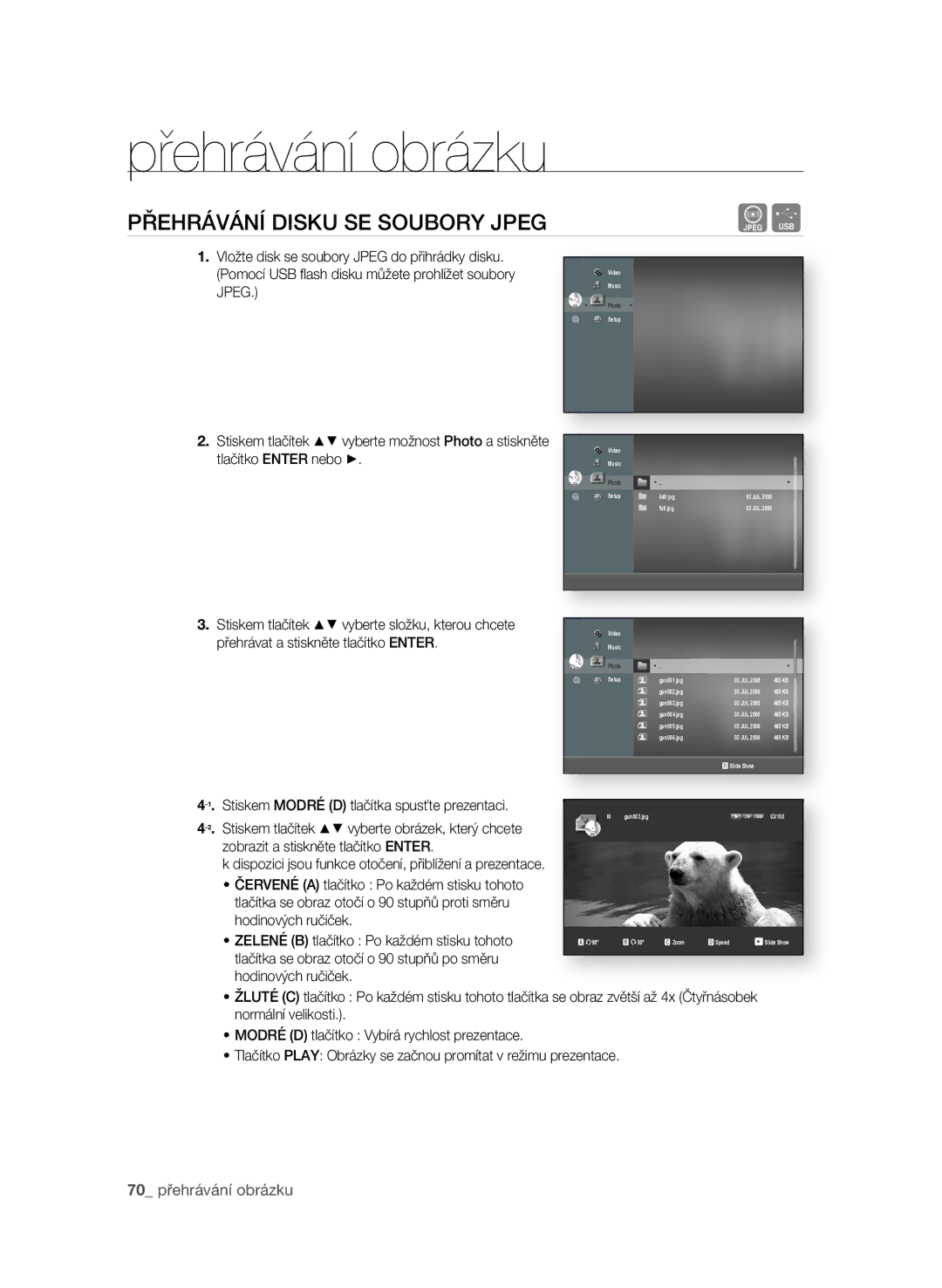 Samsung BD-P1600A/EDC manual Přehrávání obrázku, PřEhráVání DIsKU sE soUBory JPEg, 0 přehrávání obrázku 