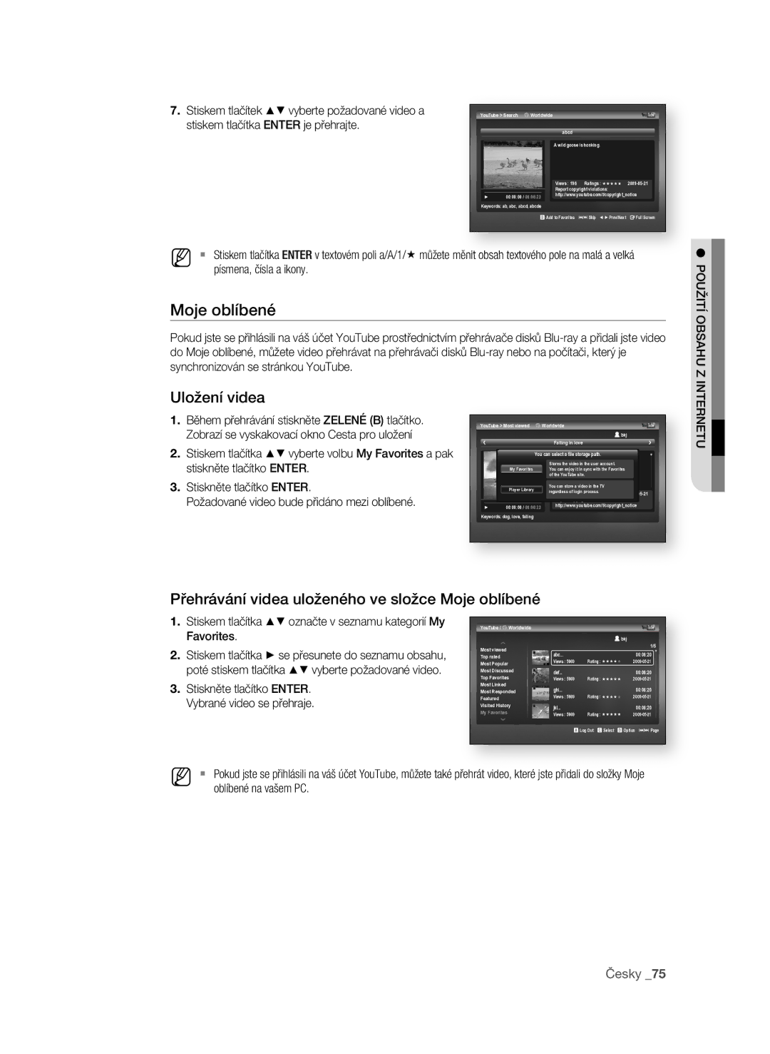 Samsung BD-P1600A/EDC manual Uložení videa, Přehrávání videa uloženého ve složce Moje oblíbené 