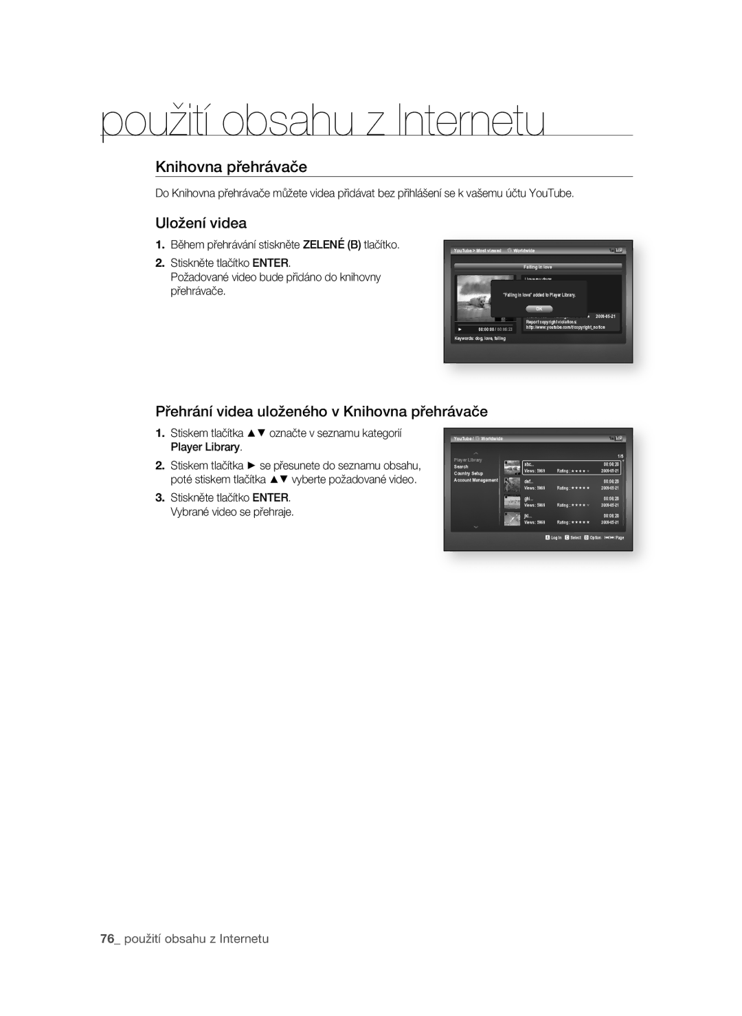 Samsung BD-P1600A/EDC manual Přehrání videa uloženého v Knihovna přehrávače 