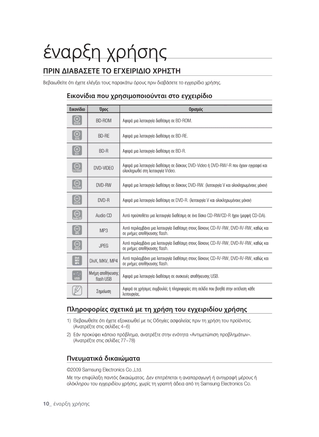 Samsung BD-P1600A/EDC Έναρξη χρήσης, Πριν διαβασετε το εγχειριδιο χρηστη, Εικονίδια που χρησιμοποιούνται στο εγχειρίδιο 