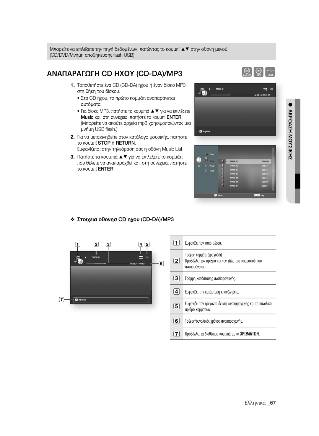 Samsung BD-P1600A/EDC manual ΑΝΑΠΑρΑΓΩΓη CD ηΧοΥ CD-DA/MP3, Στοιχεια οθονησ CD ηχου CD-DA/MP3, ΑΚρόΑση ΜοΥσιΚήσ 