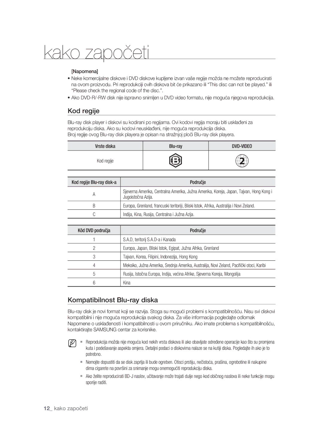 Samsung BD-P1600A/EDC manual Kod regije, Kompatibilnost Blu-ray diska, Napomena, Potrebno, Sporije raditi 