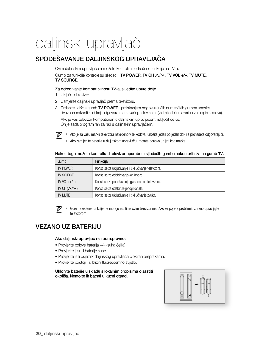 Samsung BD-P1600A/EDC manual SpoDeŠAVAnje DALjInsKoG UprAVLjAČA, VezAno Uz bATerIjU, Daljinski upravljač 