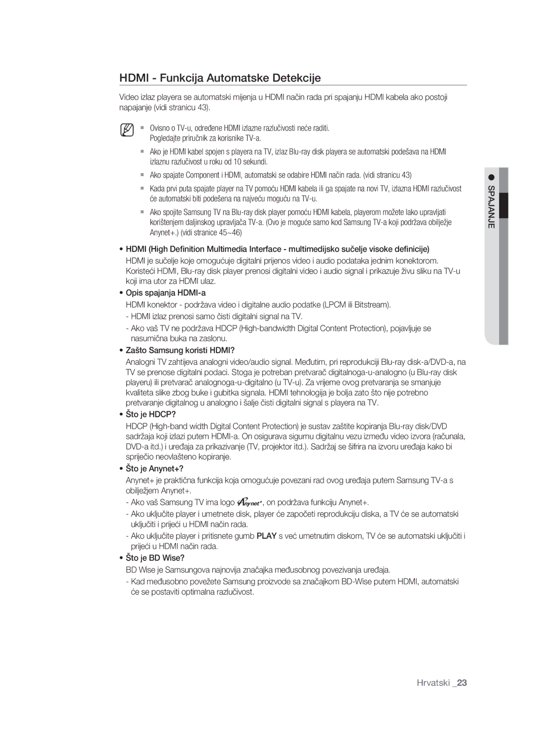 Samsung BD-P1600A/EDC manual Hdmi Funkcija Automatske Detekcije, Pogledajte priručnik za korisnike TV-a 