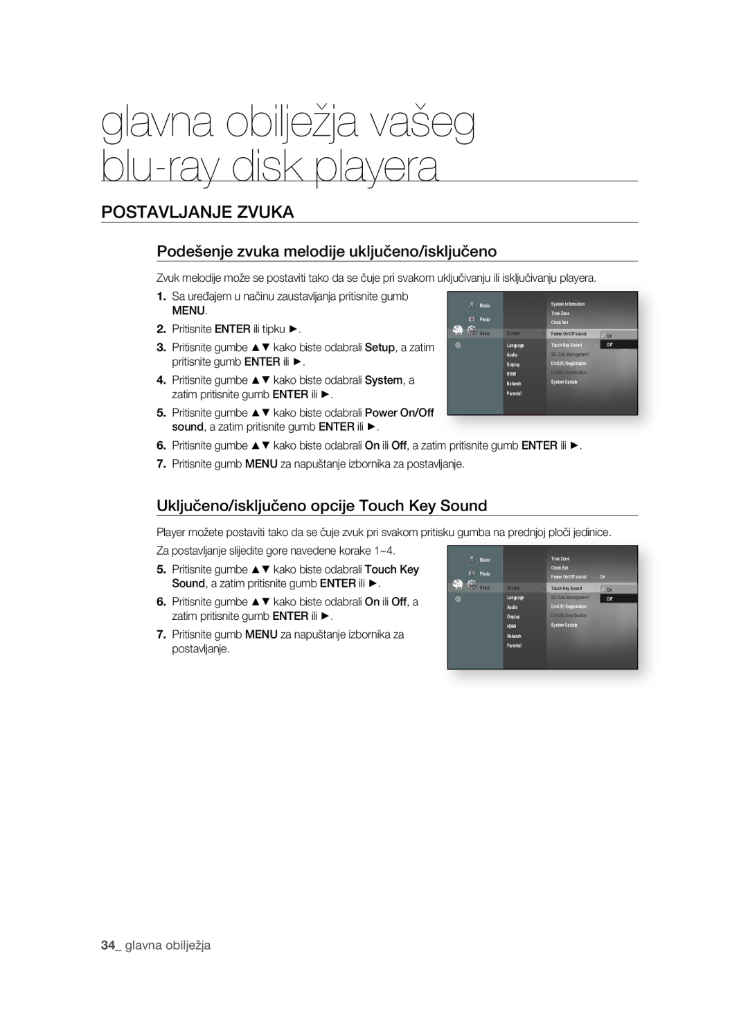 Samsung BD-P1600A/EDC manual PosTAVLjAnje zVUKA, Podešenje zvuka melodije uključeno/isključeno,  glavna obilježja 