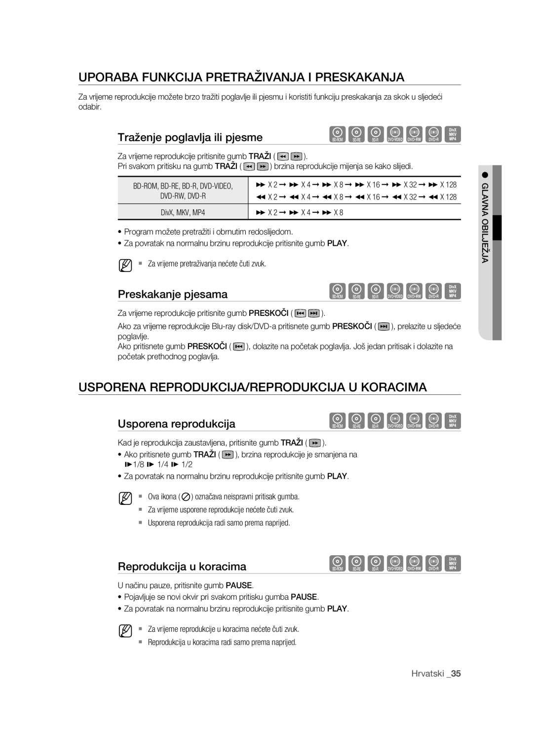 Samsung BD-P1600A/EDC manual Uporaba Funkcija Pretraživanja I Preskakanja, Usporena REPRODUKCIJA/REPRODUKCIJA U Koracima 