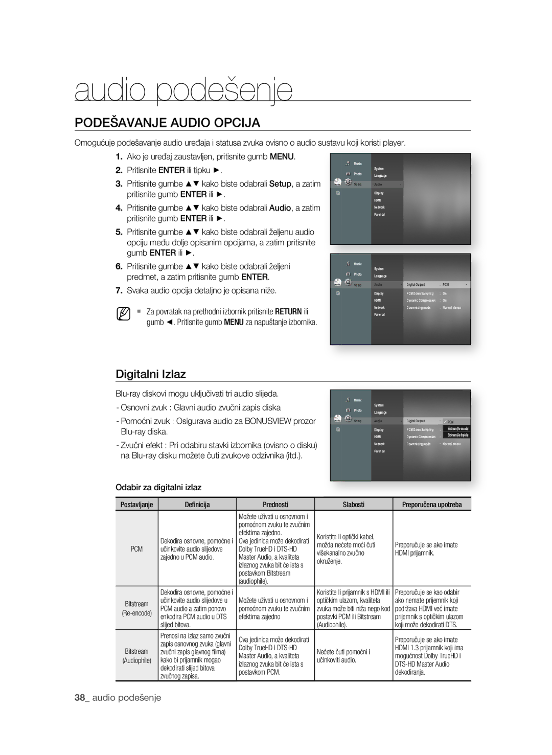 Samsung BD-P1600A/EDC manual Audio podešenje, PoDeŠAVAnje AUDIo opcIjA, Digitalni Izlaz,  audio podešenje 