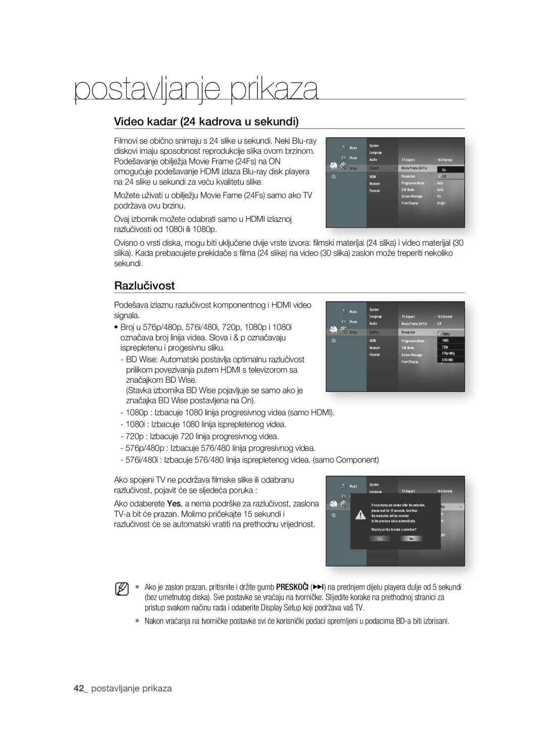 Samsung BD-P1600A/EDC manual Video kadar 24 kadrova u sekundi, Razlučivost, 2 postavljanje prikaza 