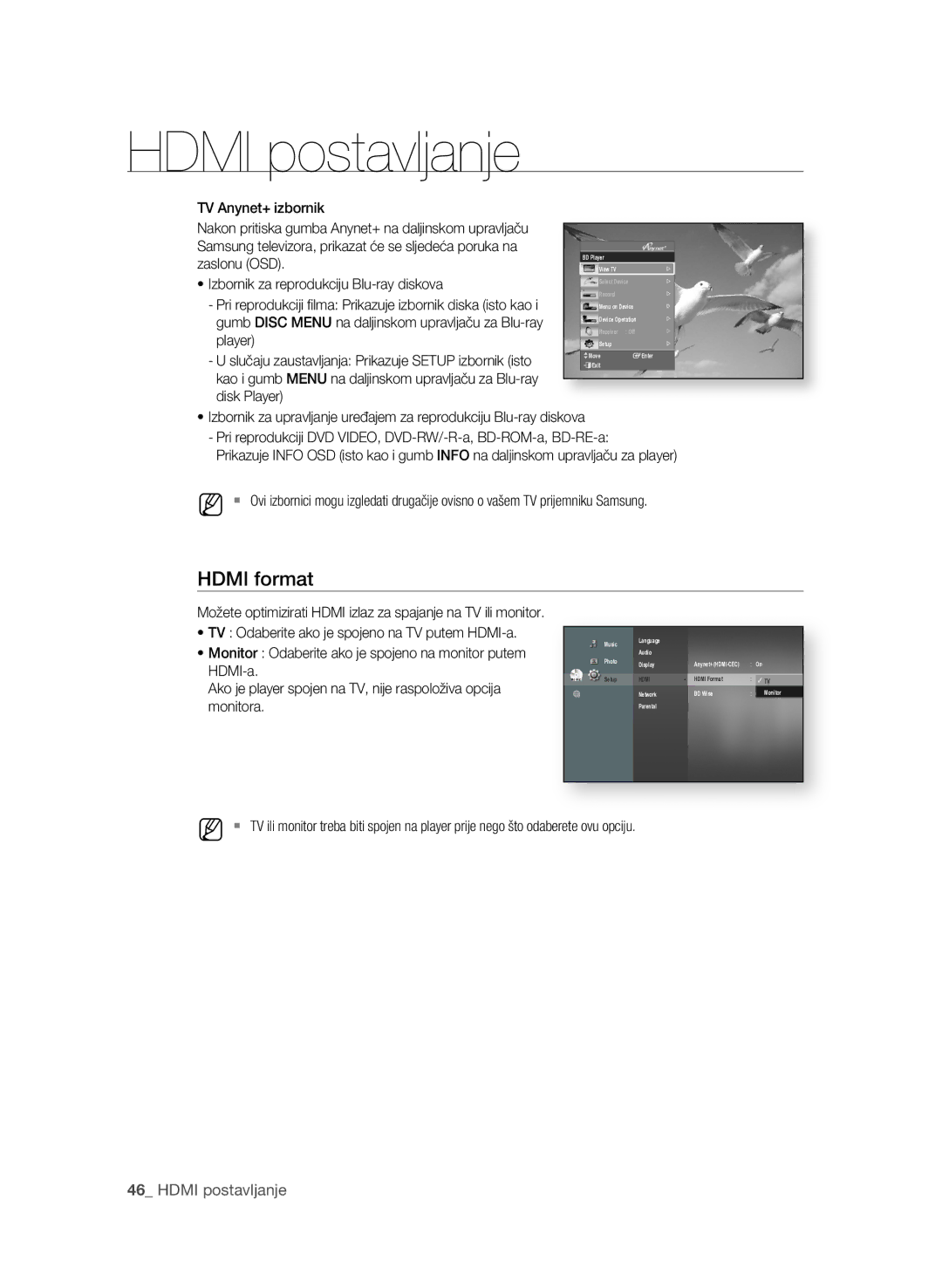 Samsung BD-P1600A/EDC manual  Hdmi postavljanje, HDMI-a, Ako je player spojen na TV, nije raspoloživa opcija, Monitora 