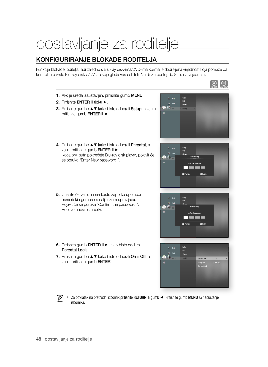 Samsung BD-P1600A/EDC manual Postavljanje za roditelje, KonfIGUrIrAnje bLoKADe roDITeLjA,  postavljanje za roditelje 