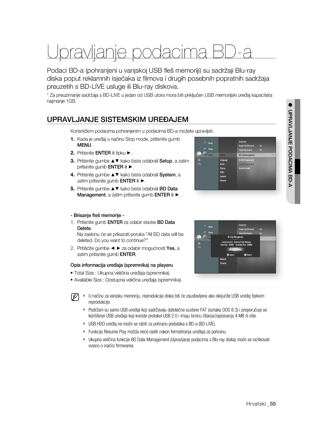 Samsung BD-P1600A/EDC manual Upravljanje podacima BD-a, UprAVLjAnje sIsTeMsKIM UreĐAjeM 