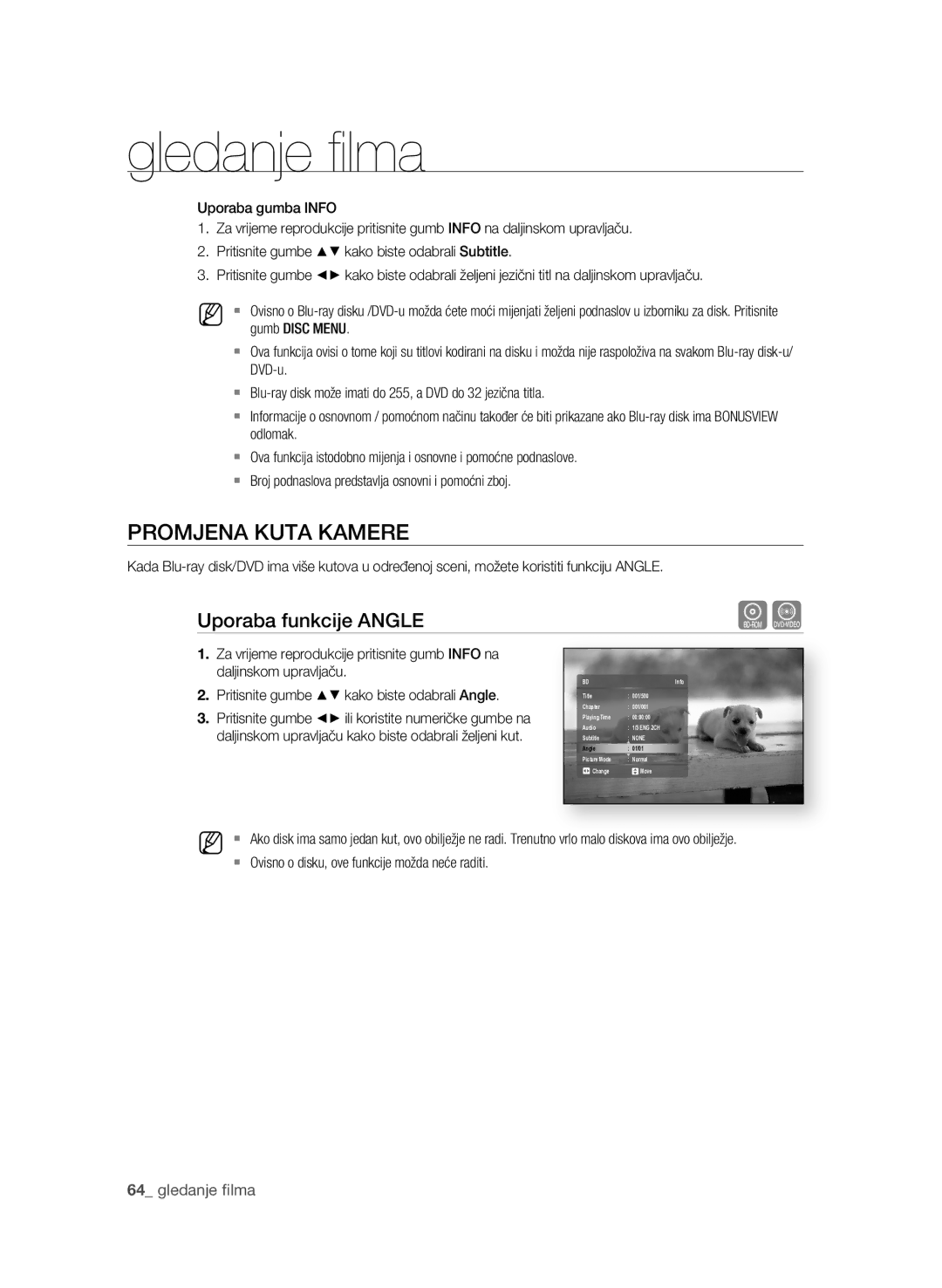 Samsung BD-P1600A/EDC manual ProMjenA Kuta KAMere, Uporaba funkcije AnGLe,  gledanje fi lma 