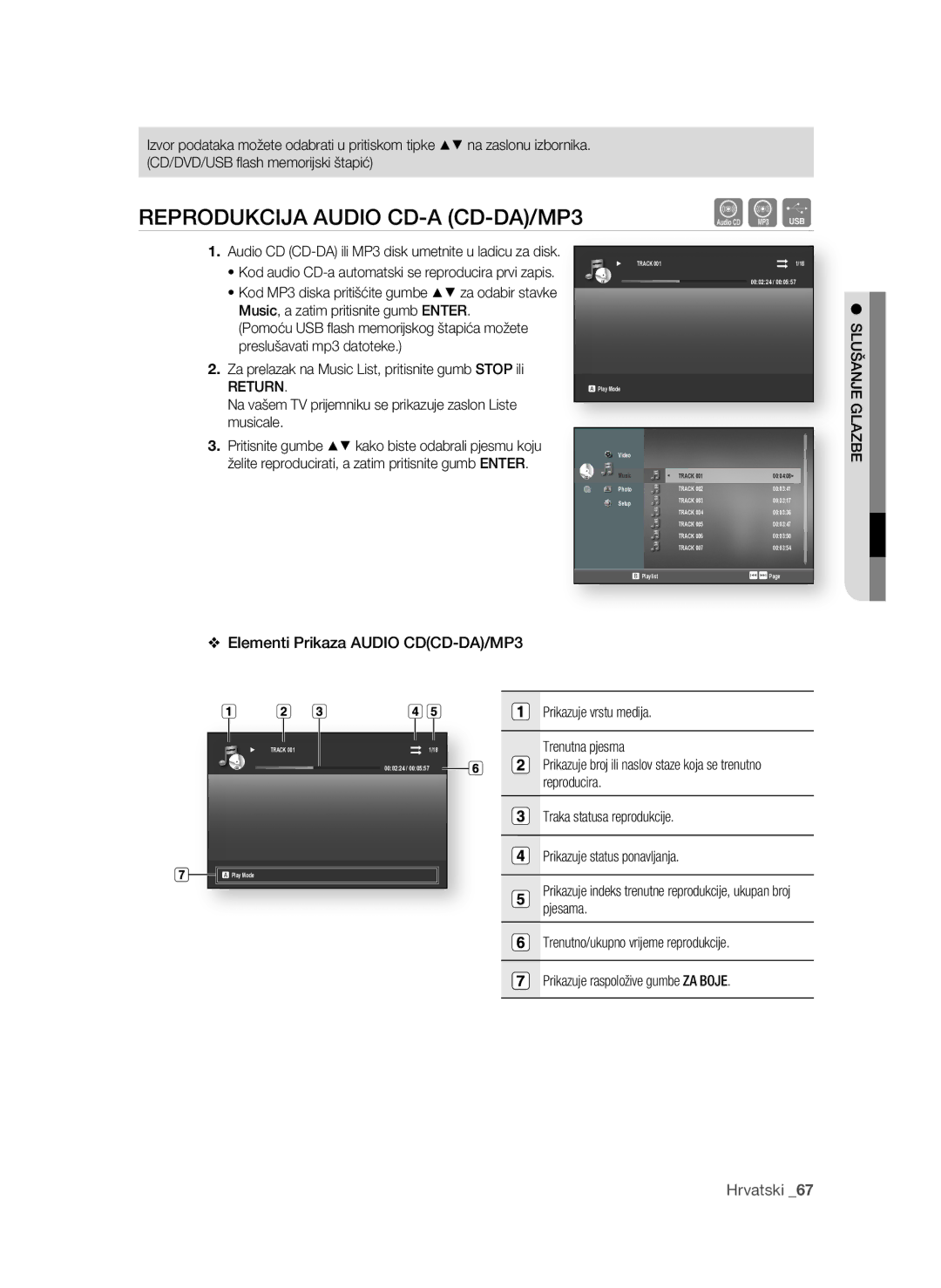 Samsung BD-P1600A/EDC manual ReproDUKcIjA AUDIo cD-A cD-DA/Mp3, SLUŠAnje GLAzbe 