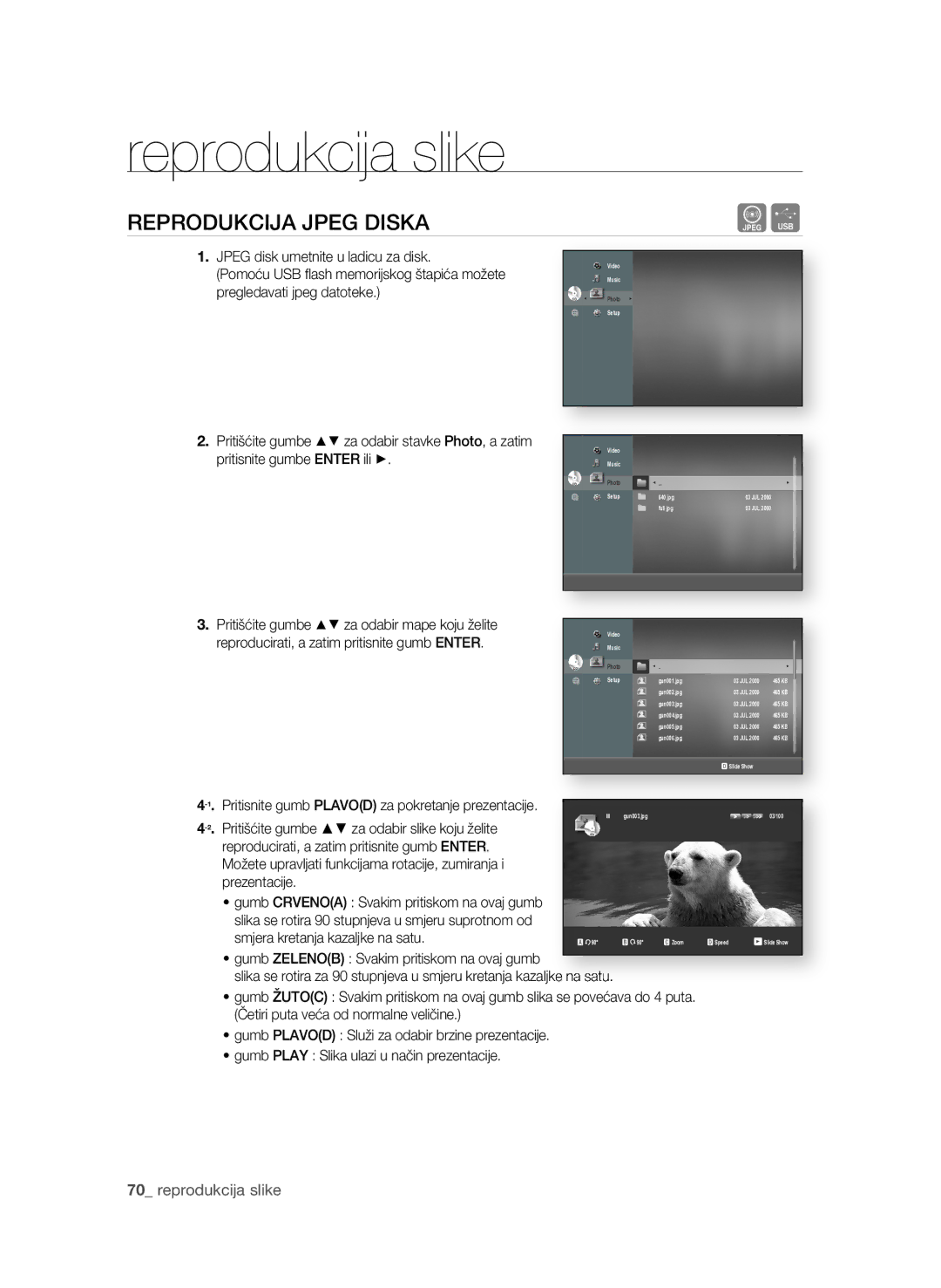 Samsung BD-P1600A/EDC manual Reprodukcija slike, ReproDUKcIjA jpeG DIsKA, 0 reprodukcija slike 